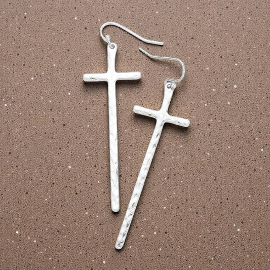 Hammered Metal Cross Dangle Earrings: Silver