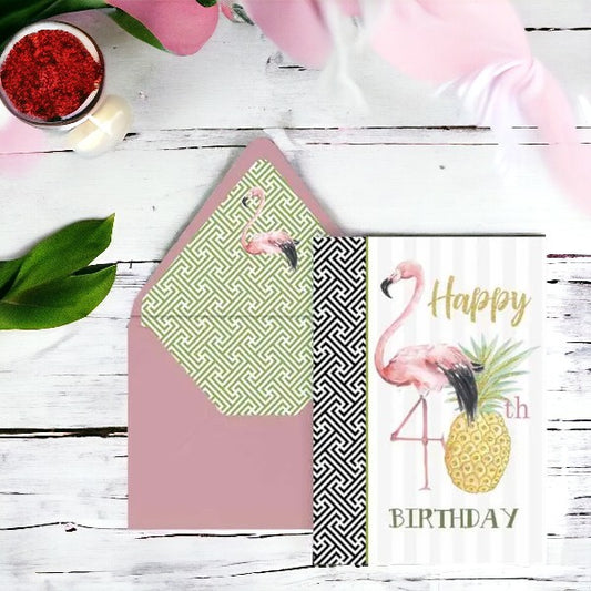 Happy 40th Birthday Flamingo and Pineapple - Birthday Greeting Card - Mellow Monkey