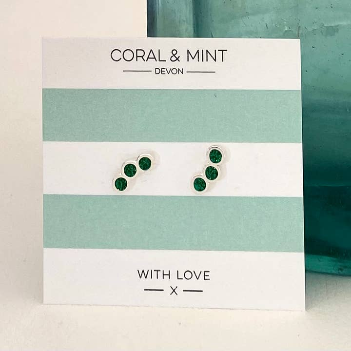 Coral and Mint - Tri Circle Studs - Emerald Sparkle Enamel - Mellow Monkey