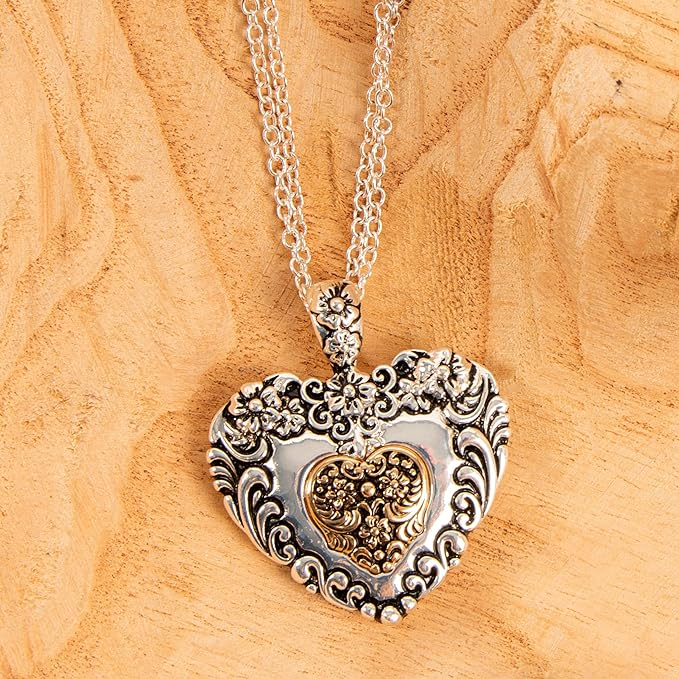 Inspirational Silver Magnolia Heart 18" Pendant Necklace - Mellow Monkey