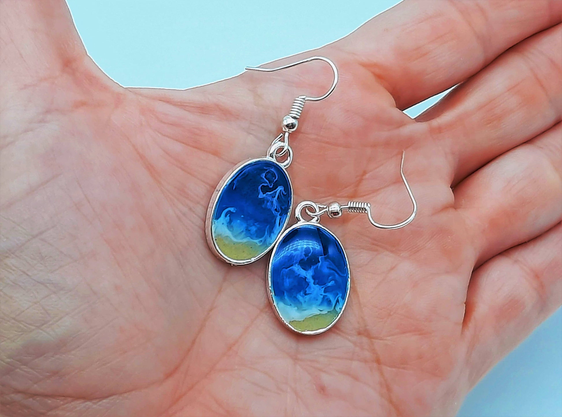 Handmade/Handcrafted Resin Ocean Beach Wave Oval Earrings - Mellow Monkey