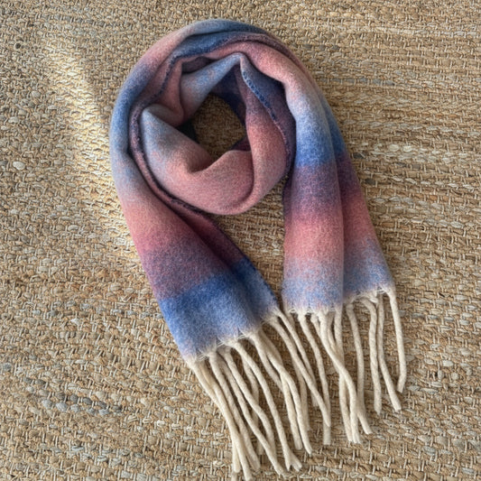 Geo Stripe Printed Knit Oblong Scarf with Tassels-Pink