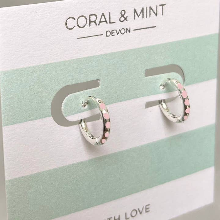 Coral and Mint - Silver Plated Huggie earrings with Pink Enamel - Mellow Monkey