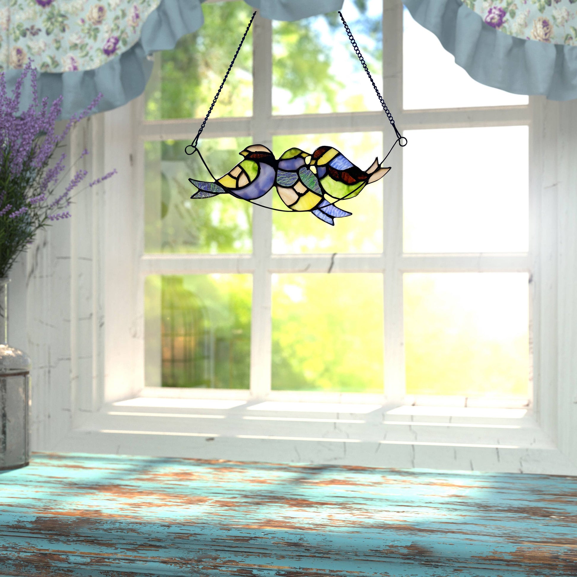Peyton Blue Three Birds Stained Glass Window Panel - 4-1/2-in - Mellow Monkey