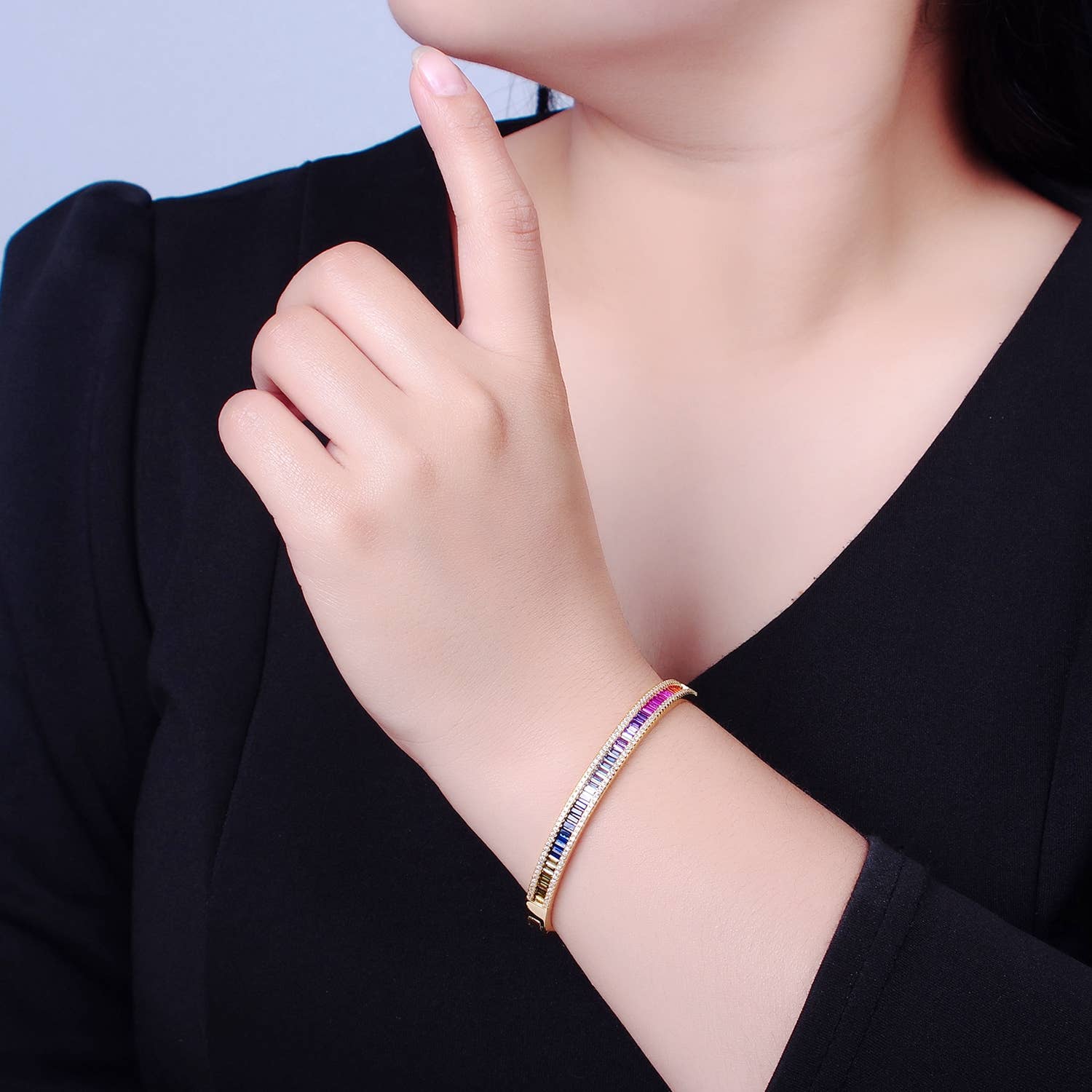 Dainty Rainbow Cz Baguette Bangle Bracelet Gold - Mellow Monkey