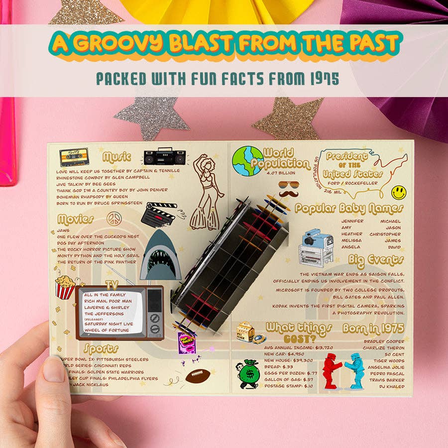 Back in 1975 3D Pop-Up Light & Sound Milestone Card - Mellow Monkey