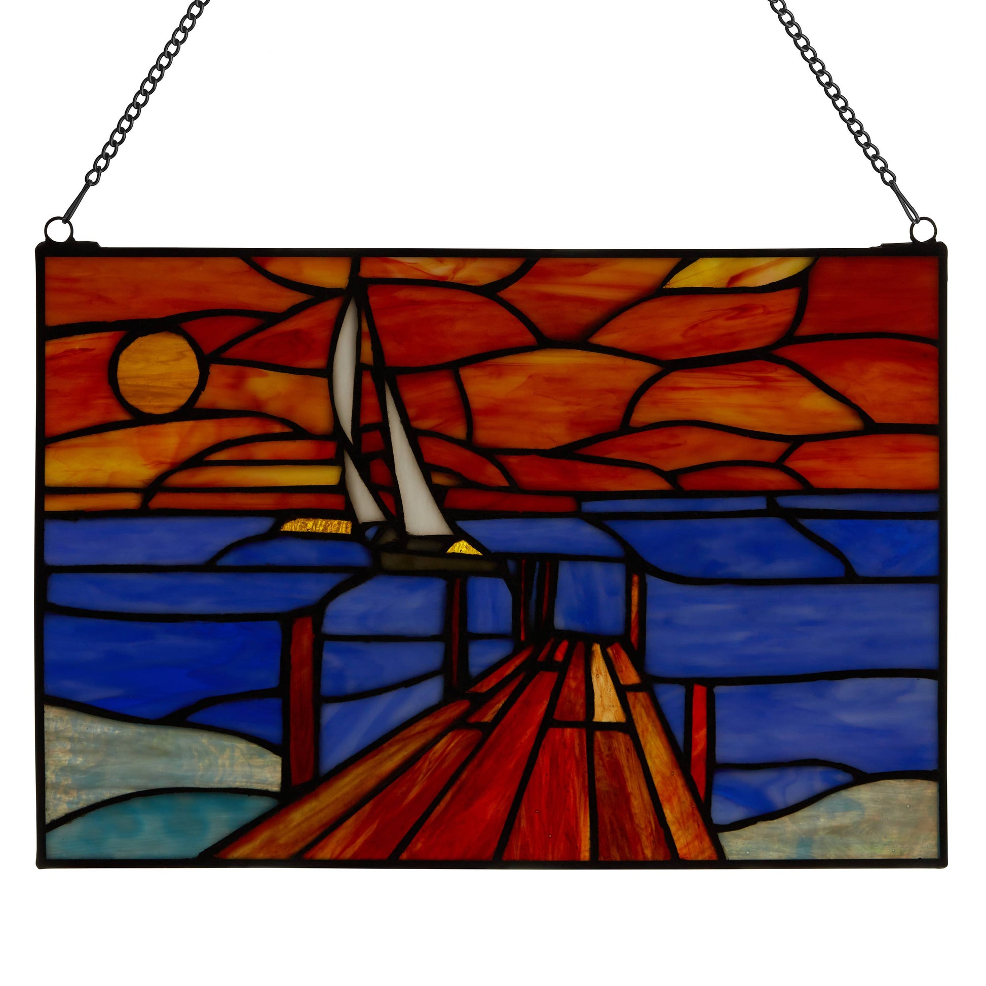 Sailboat Orange & Blue Stained Glass Window Panel - 14-in - Mellow Monkey