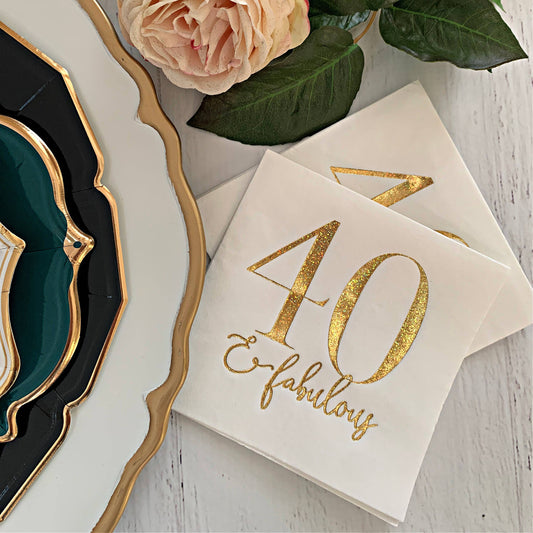 40 and Fabulous Cocktail Napkins - Gold Glitter on White - Pack of 16 - Mellow Monkey