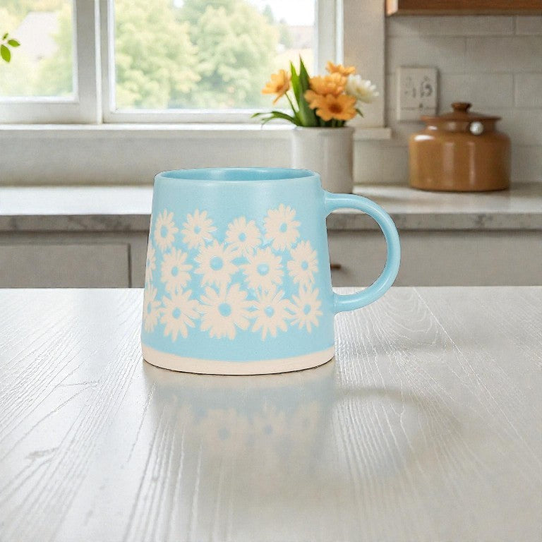 Wide Base Mug with Daisies - Blue - 3.5"H(14oz) - Mellow Monkey