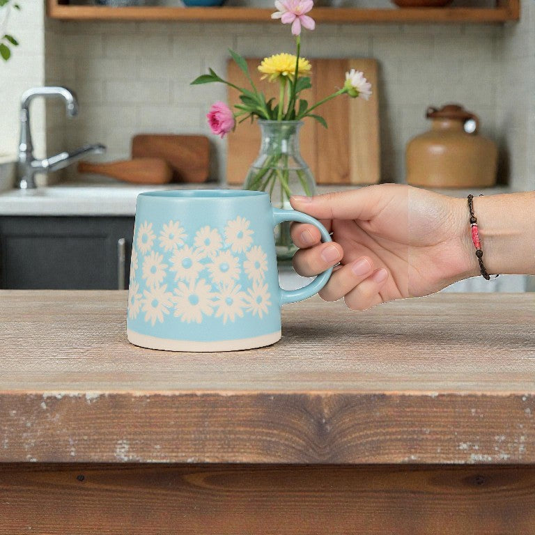 Wide Base Mug with Daisies - Blue - 3.5"H(14oz) - Mellow Monkey