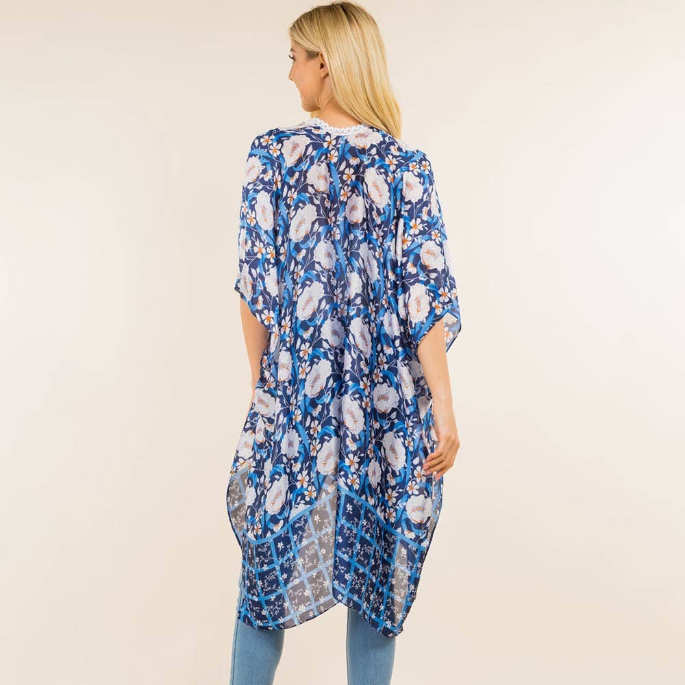 Floral Pattern Open Front Long Kimono Poncho in Blue - Mellow Monkey