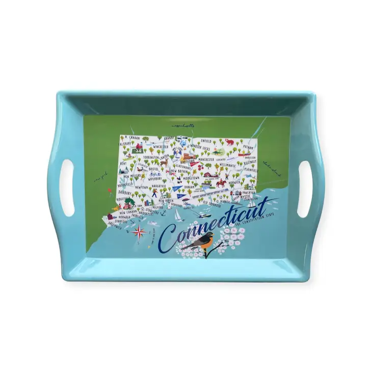 Connecticut State Map Melamine Tray with Handles - 20-in x 14-in - Mellow Monkey