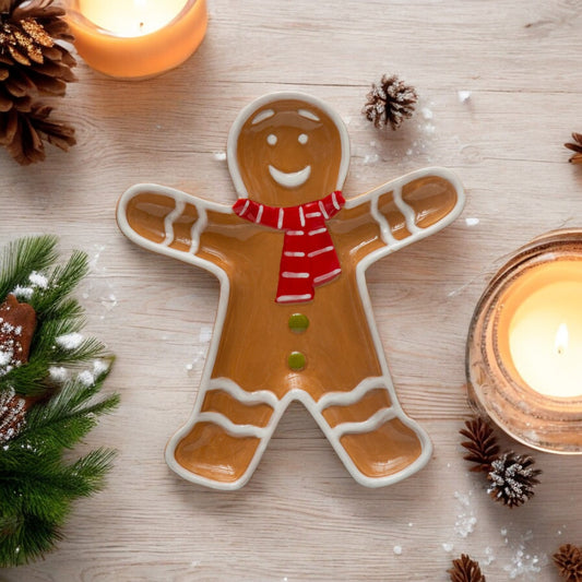 Hand-Painted Ceramic Gingerbread Man with Scarf Shaped Platter - 7-in - Mellow Monkey