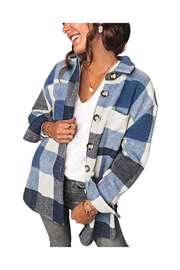 Plaid Flannel Shacket Jacket - Blue