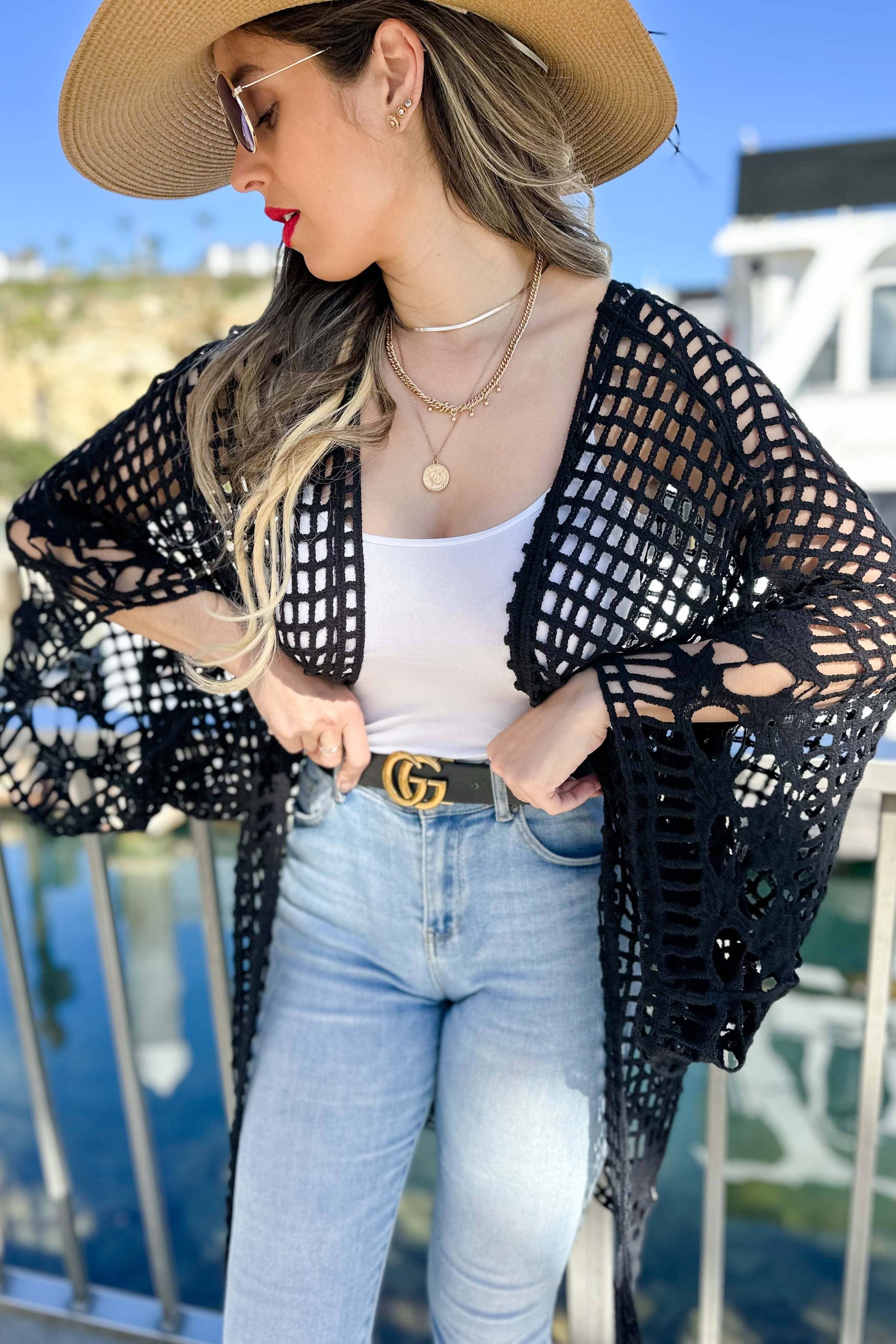 Black Floral Crochet Wide Sleeve Knitted Kimono Cardigan - Mellow Monkey