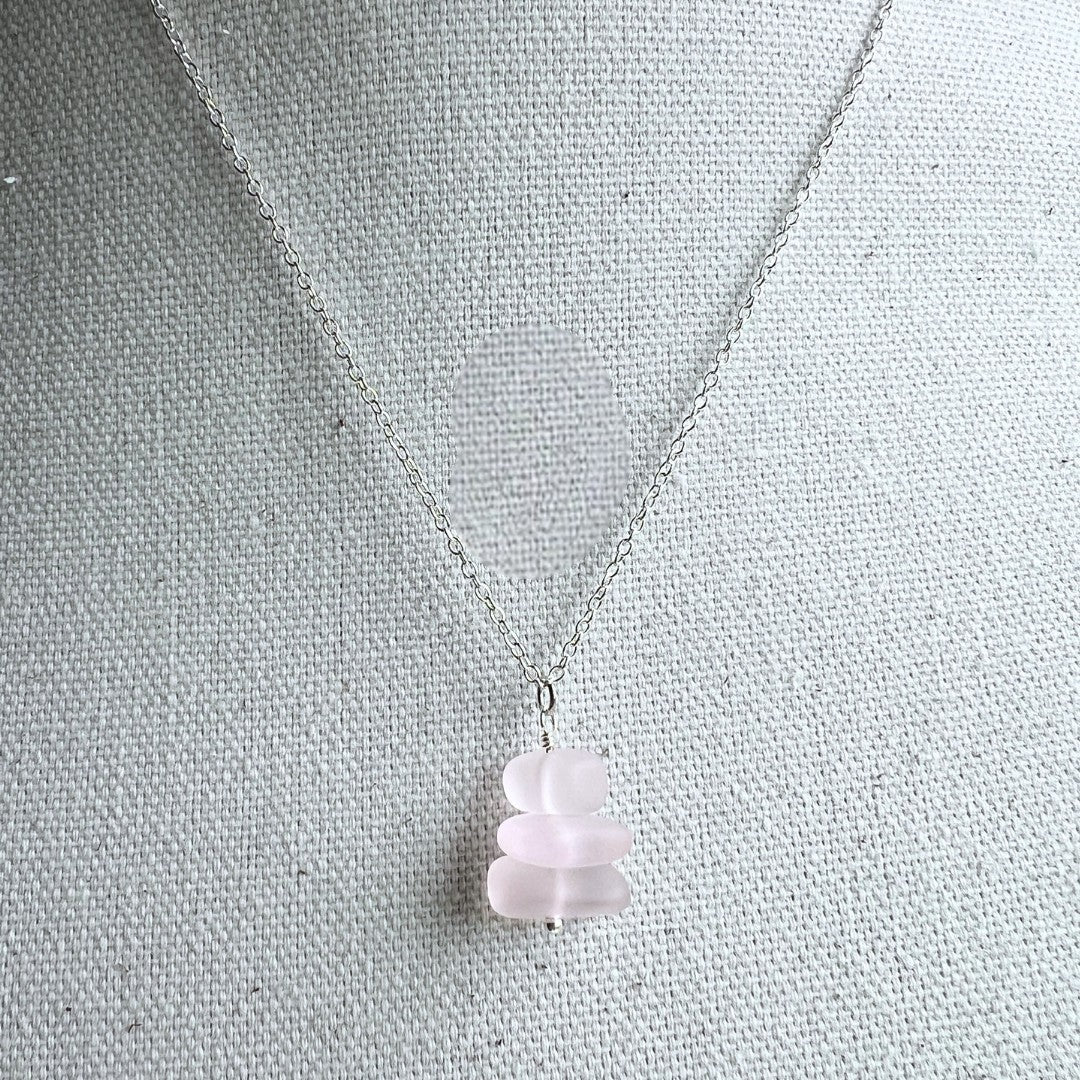Pink - Silver Sea Glass Necklace - Mellow Monkey