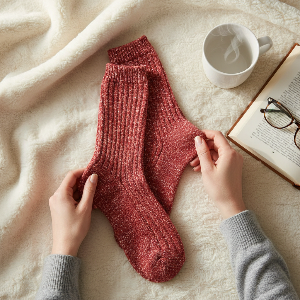 Mellow Monkey strawberry red slub marbled crew socks held by hands on a cozy white blanket with a book and tea
