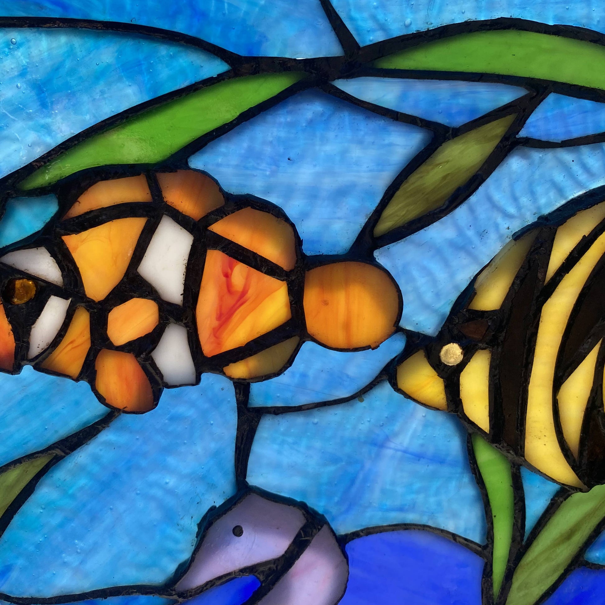 Underwater Blue Ocean Scene Stained Glass Window Panel - 14-in - Mellow Monkey