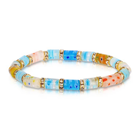 Seaside  Millefiori Glass And Rhinestone Stretch Bracelet