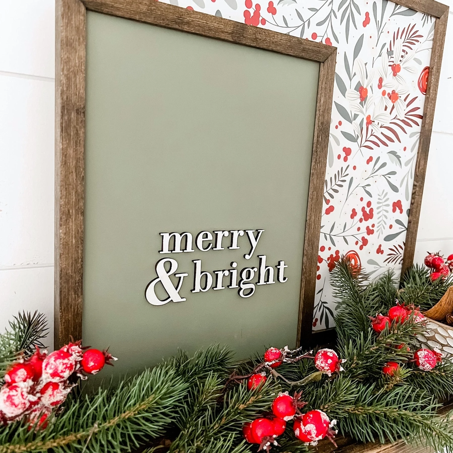 Merry and Bright - Handmade Framed Sign - 15-in - Mellow Monkey