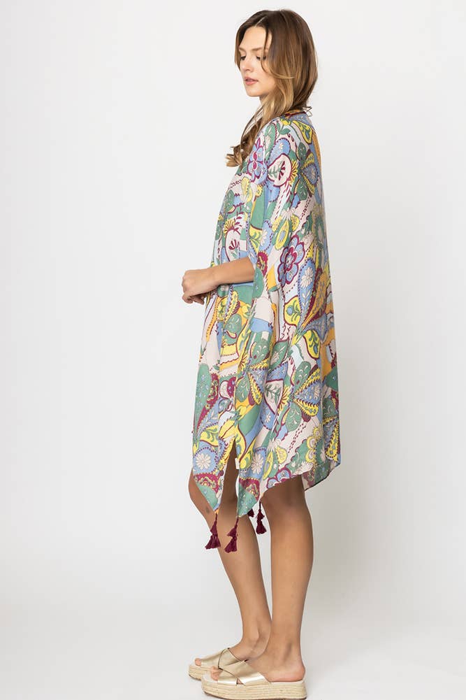 Paisley Print Tassel Summer Kimono Cover Up - Beige - Mellow Monkey