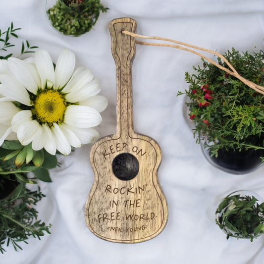 Keep On Rockin' In the Free World (Neil Diamond) - Engraved Gray Wooden Guitar Ornament - Mellow Monkey