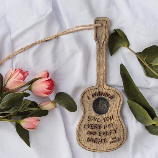 I Wanna Love You (Bob Marley) - Engraved Gray Wooden Guitar Ornament - Mellow Monkey