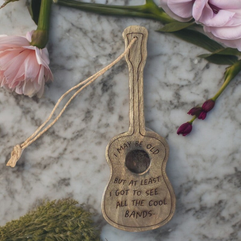 I May Be Old... - Engraved Gray Wooden Guitar Ornament - Mellow Monkey