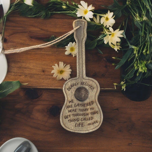 Dearly Beloved (Prince) - Engraved Gray Wooden Guitar Ornament - Mellow Monkey