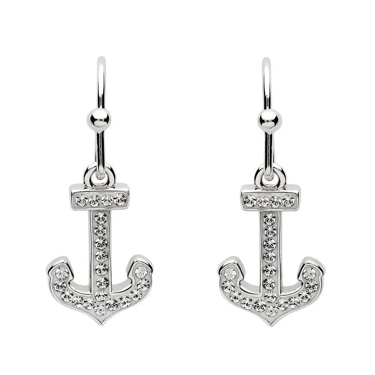 Anchor Drop Earrings Encrusted with White Crystal - Mellow Monkey