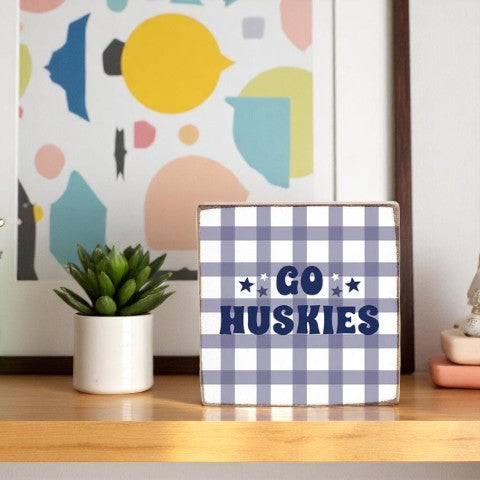 Go Huskies - Gingham Decorative Wood Block - 4-in - Mellow Monkey