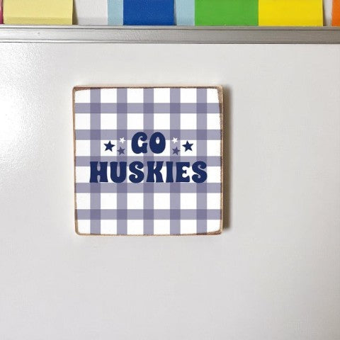 Go Huskies - Gingham Wood Block Magnet - 3-1/2-in - Mellow Monkey