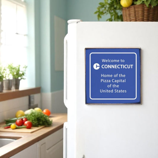 Home of The Pizza Capital - Connecticut Wood Block Magnet - 3-1/2-in - Mellow Monkey