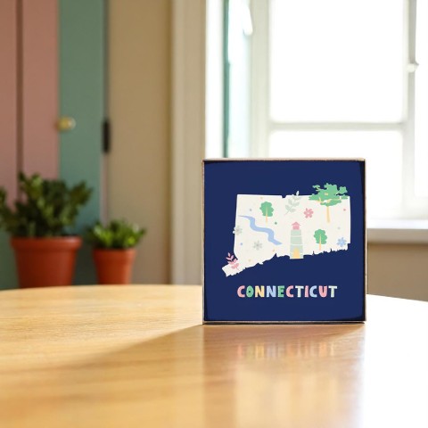 Connecticut State Icons - Decorative Wood Block - 4-in - Mellow Monkey
