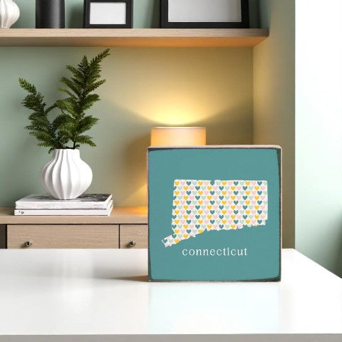 Teal Hearts Connecticut - Decorative Wood Block - 4-in - Mellow Monkey