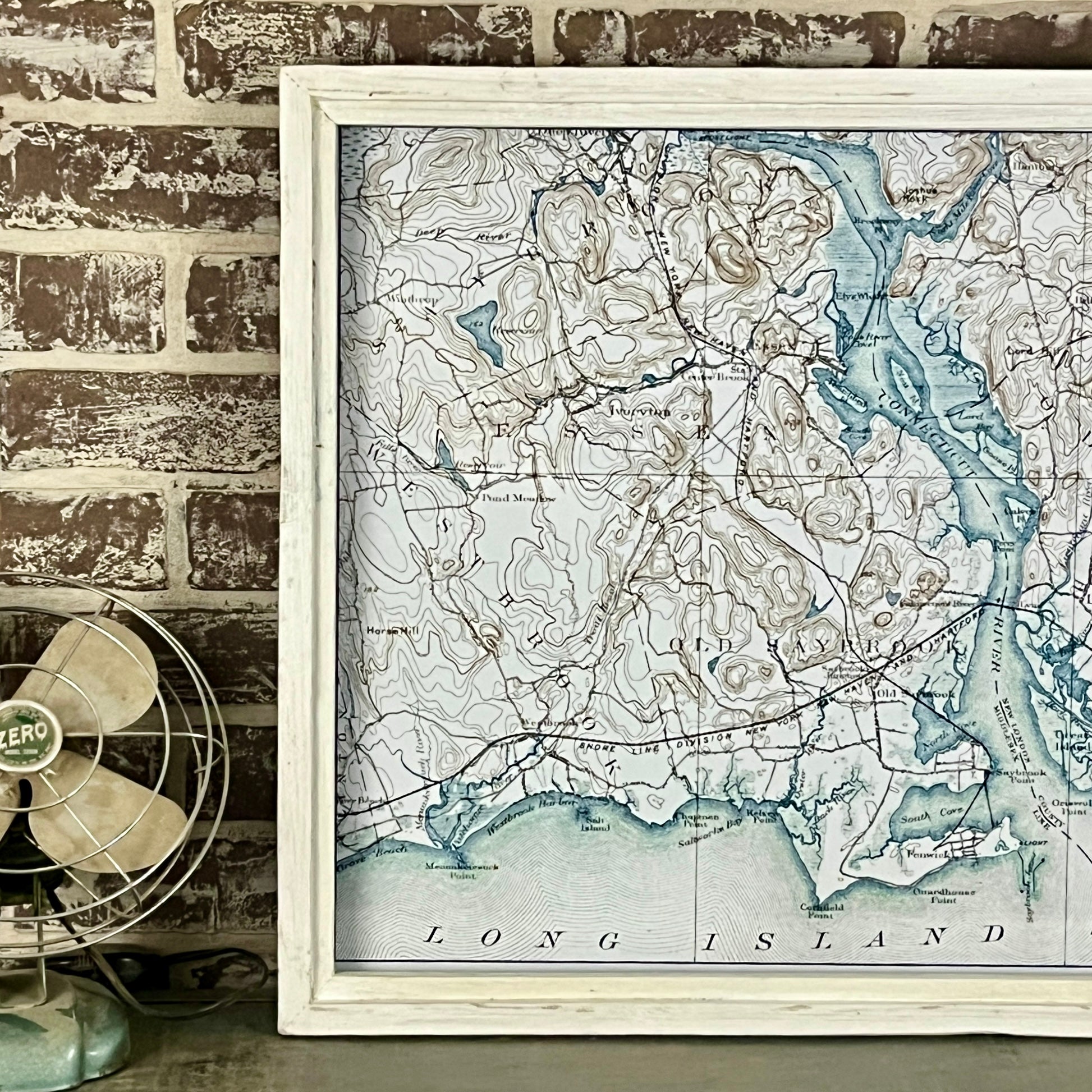 Coastal Middlesex County with Old Saybrook Old Lyme Essex Connecticut Circa 1929 Vintage Map Framed Whitewash Shadowbox - 26-1/2-in - Mellow Monkey