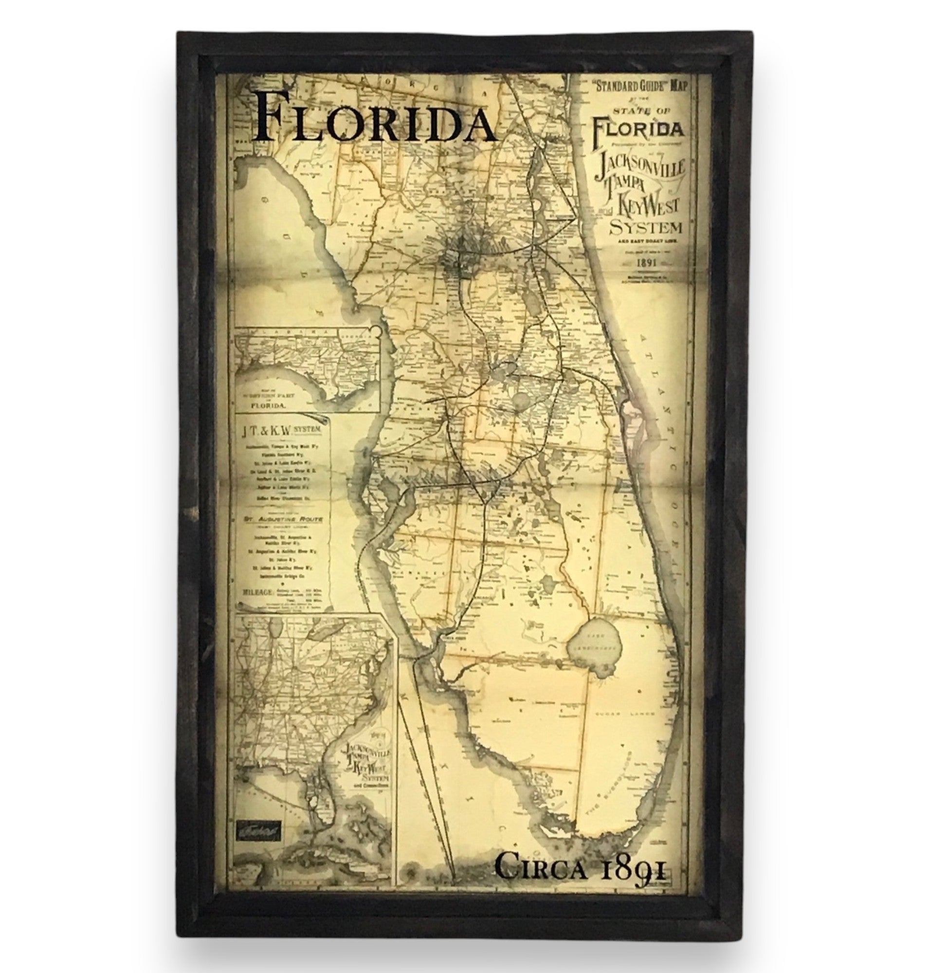 Florida Circa 1891 Vintage Map Framed Brown Wax Shadowbox - 29-1/2-in - Mellow Monkey
