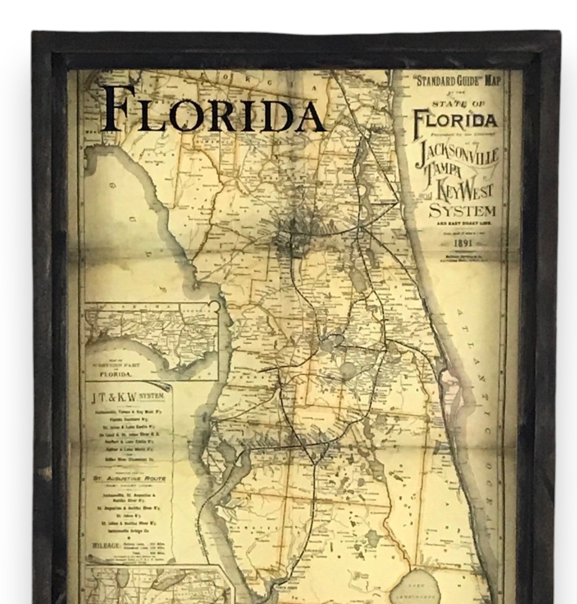 Florida Circa 1891 Vintage Map Framed Brown Wax Shadowbox - 29-1/2-in - Mellow Monkey