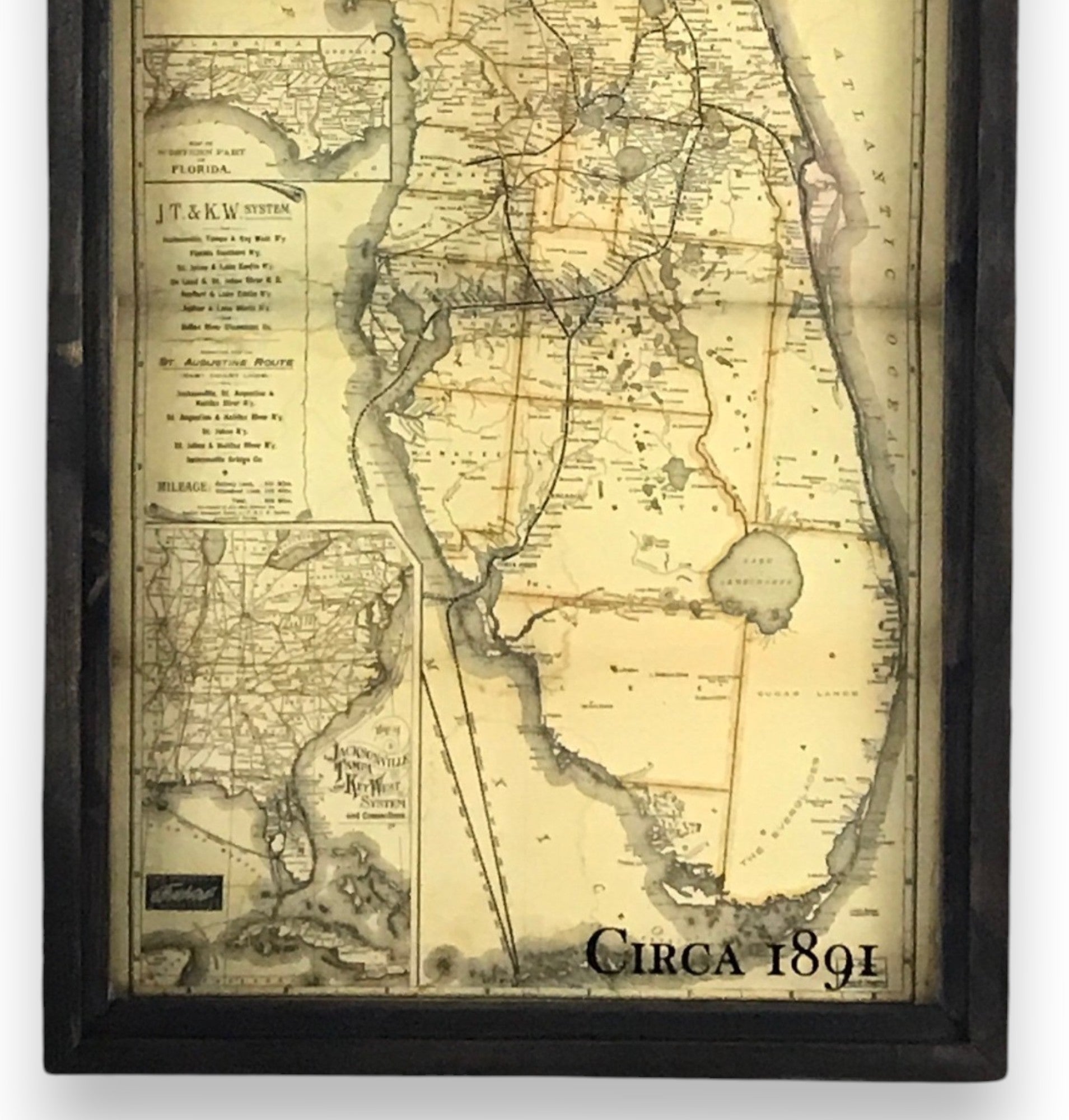 Florida Circa 1891 Vintage Map Framed Brown Wax Shadowbox - 29-1/2-in - Mellow Monkey