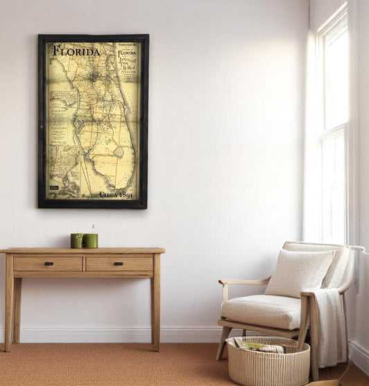 Florida Circa 1891 Vintage Map Framed Brown Wax Shadowbox - 29-1/2-in - Mellow Monkey