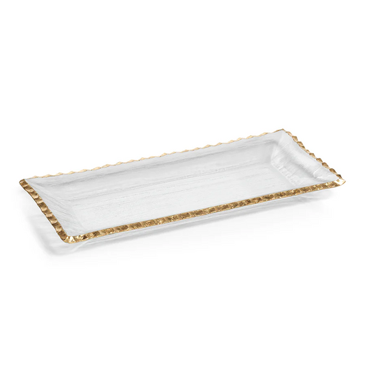 Clear Textured Rectangular Tray With Jagged Gold Rim - 14.5-in - Mellow Monkey