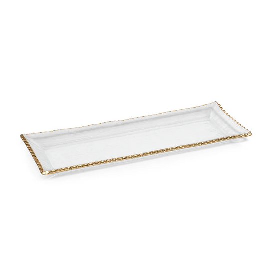 Clear Textured Rectangular Tray With Jagged Gold Rim - 19.75-in - Mellow Monkey