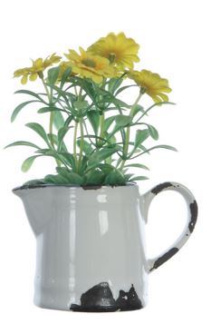 Faux Flowering Plant in Stoneware Pitcher- Distressed White Finish - 5-1/2-in - Mellow Monkey