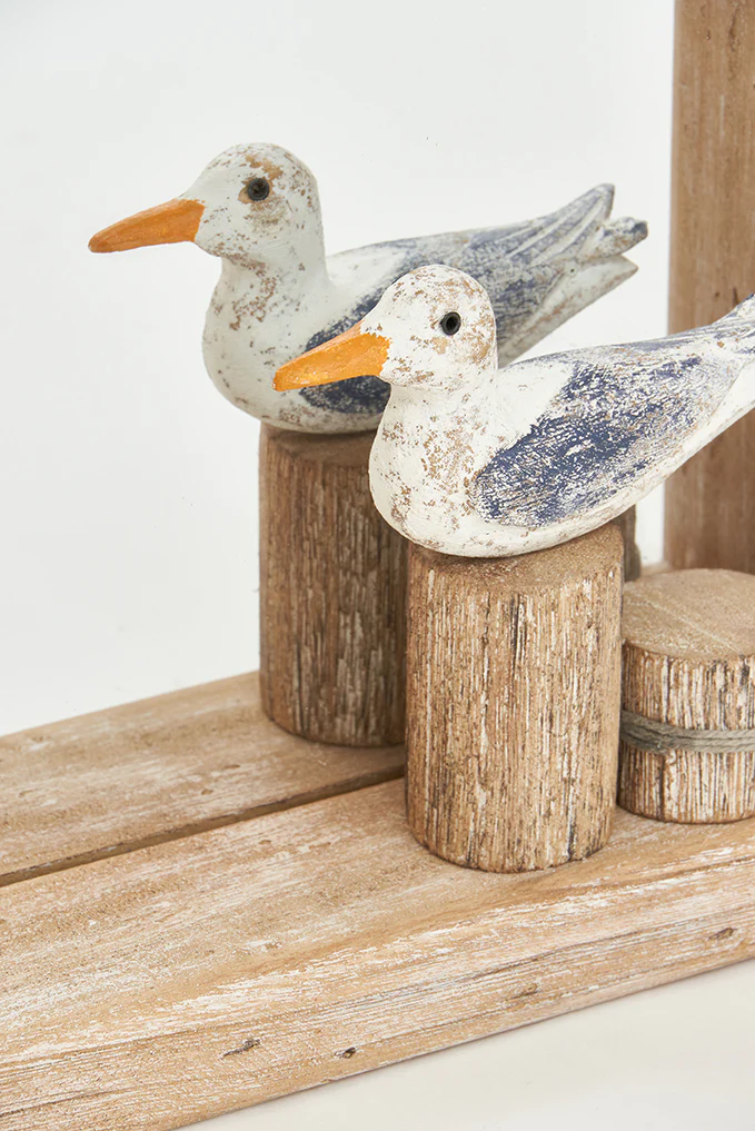 Driftwood Mirror With Gull On Coastal Piling - Square 13.3-in - Mellow Monkey