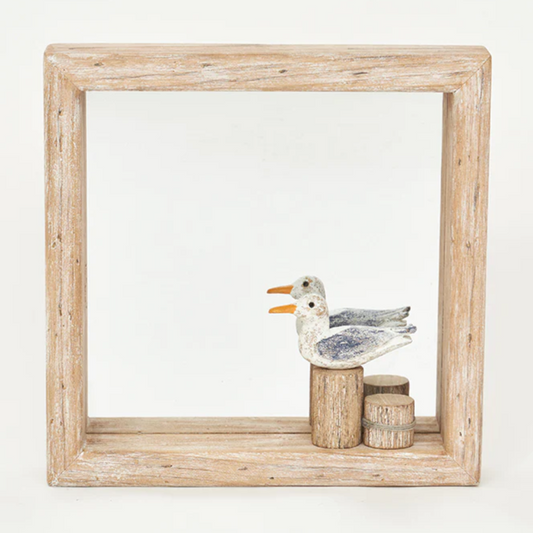 Driftwood Mirror With Gull On Coastal Piling - 13.3-in - Mellow Monkey