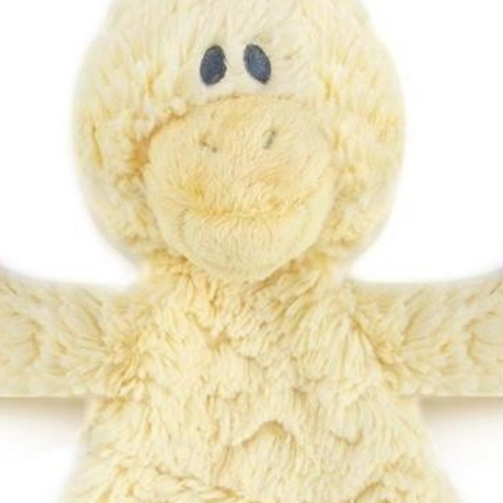 Mellow Monkey Daddles Duck Rattle Blankie, a pale yellow, ultra-soft plush toy with a duck's head, arms, and feet, designed for nursery comfort.