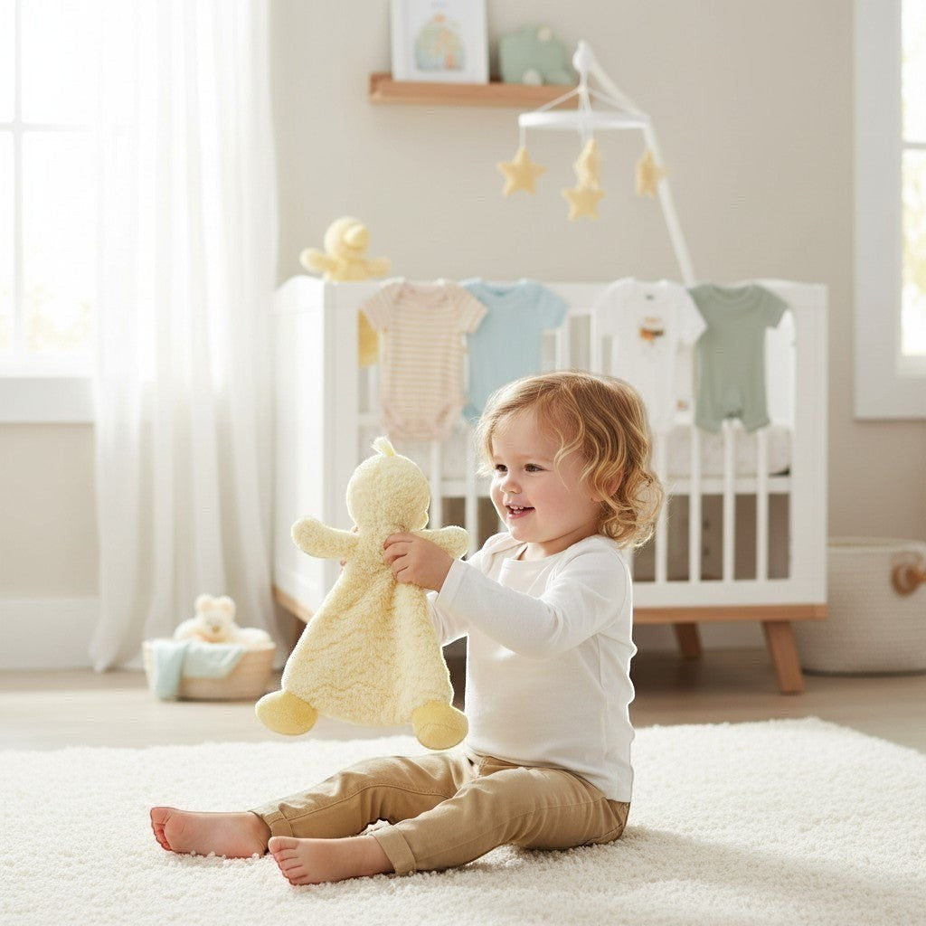 Mellow Monkey Daddles Duck Rattle Blankie, pale yellow, ultra-soft plush, 13-in, with embroidered eyes and beak, and a playful rattle.