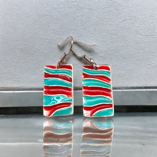 Pewter Earrings - Wavy Rectangle Red Aqua Swirls - Mellow Monkey