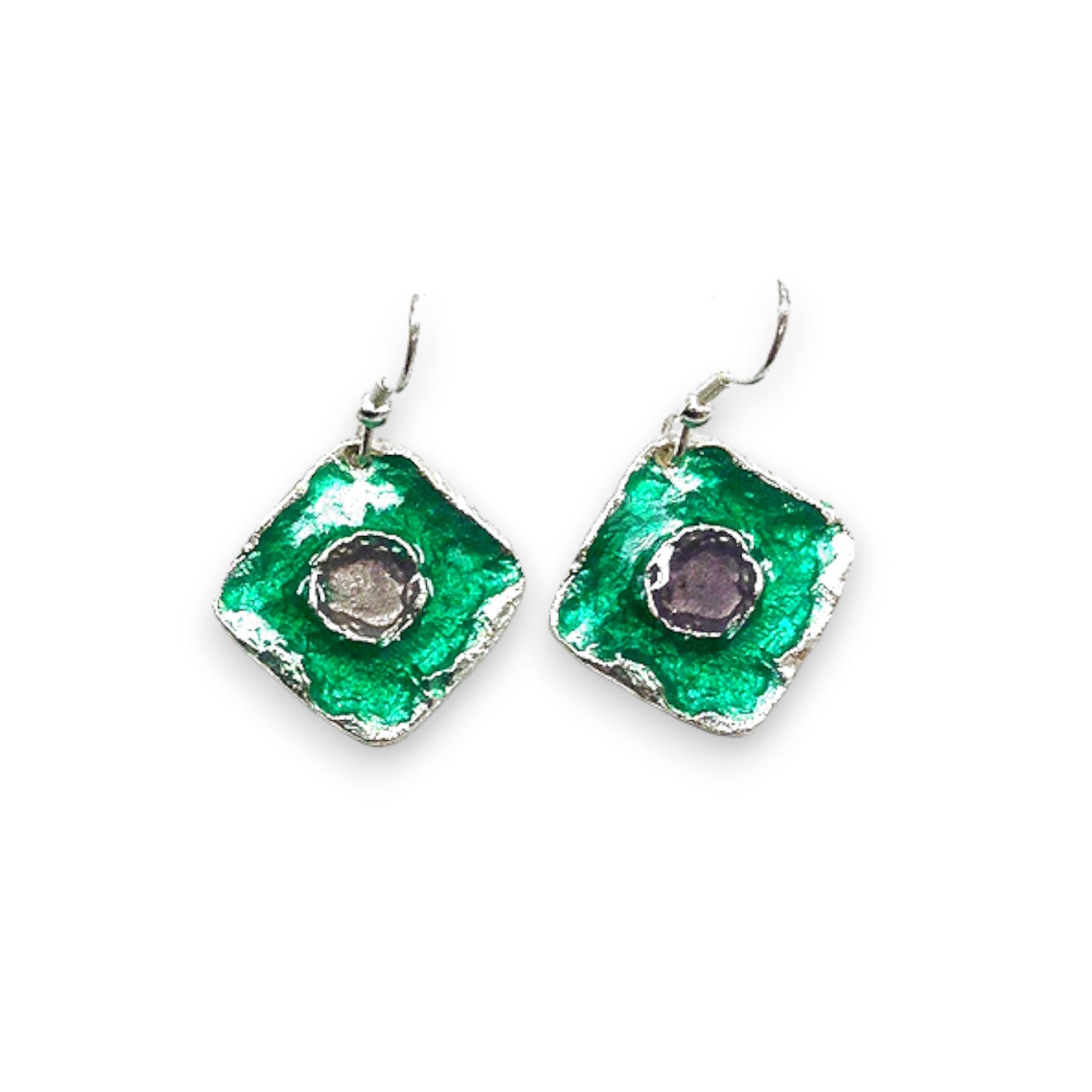 Pewter Earrings - Green Enamel Squares with Circle Center - Mellow Monkey