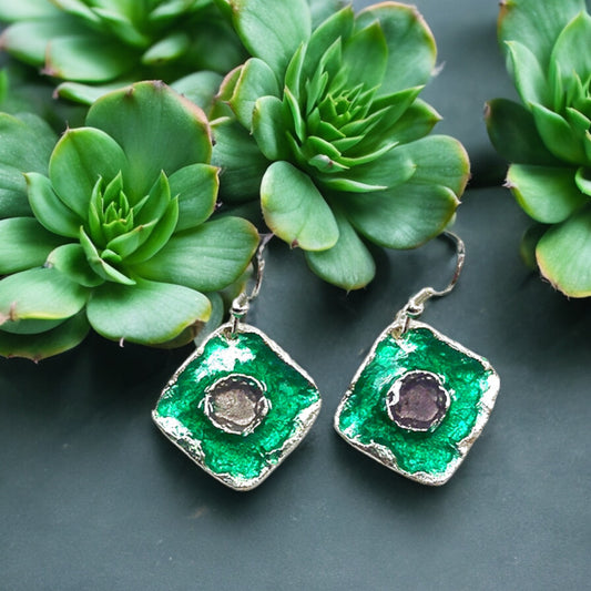 Pewter Earrings - Green Enamel Squares with Circle Center - Mellow Monkey